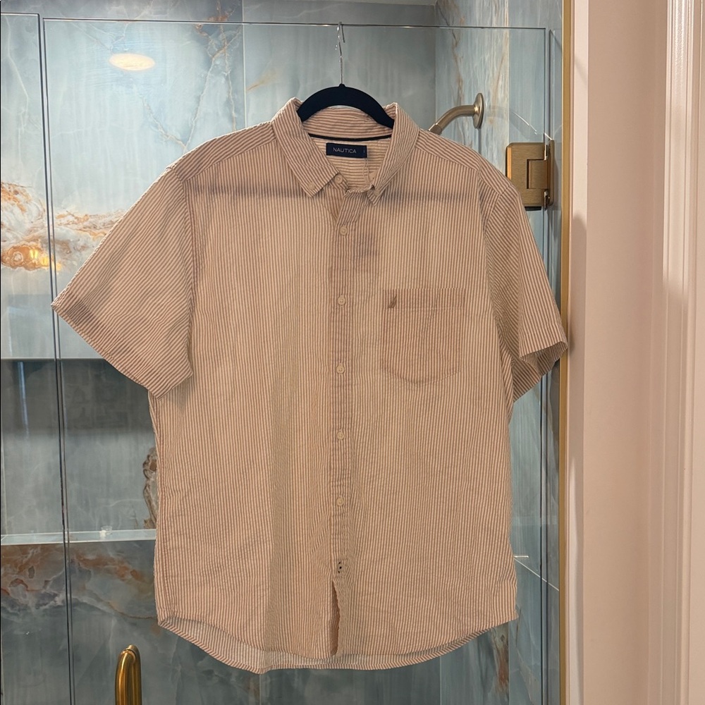 Nautica Men's Beige Striped Short Sleeve Shirt